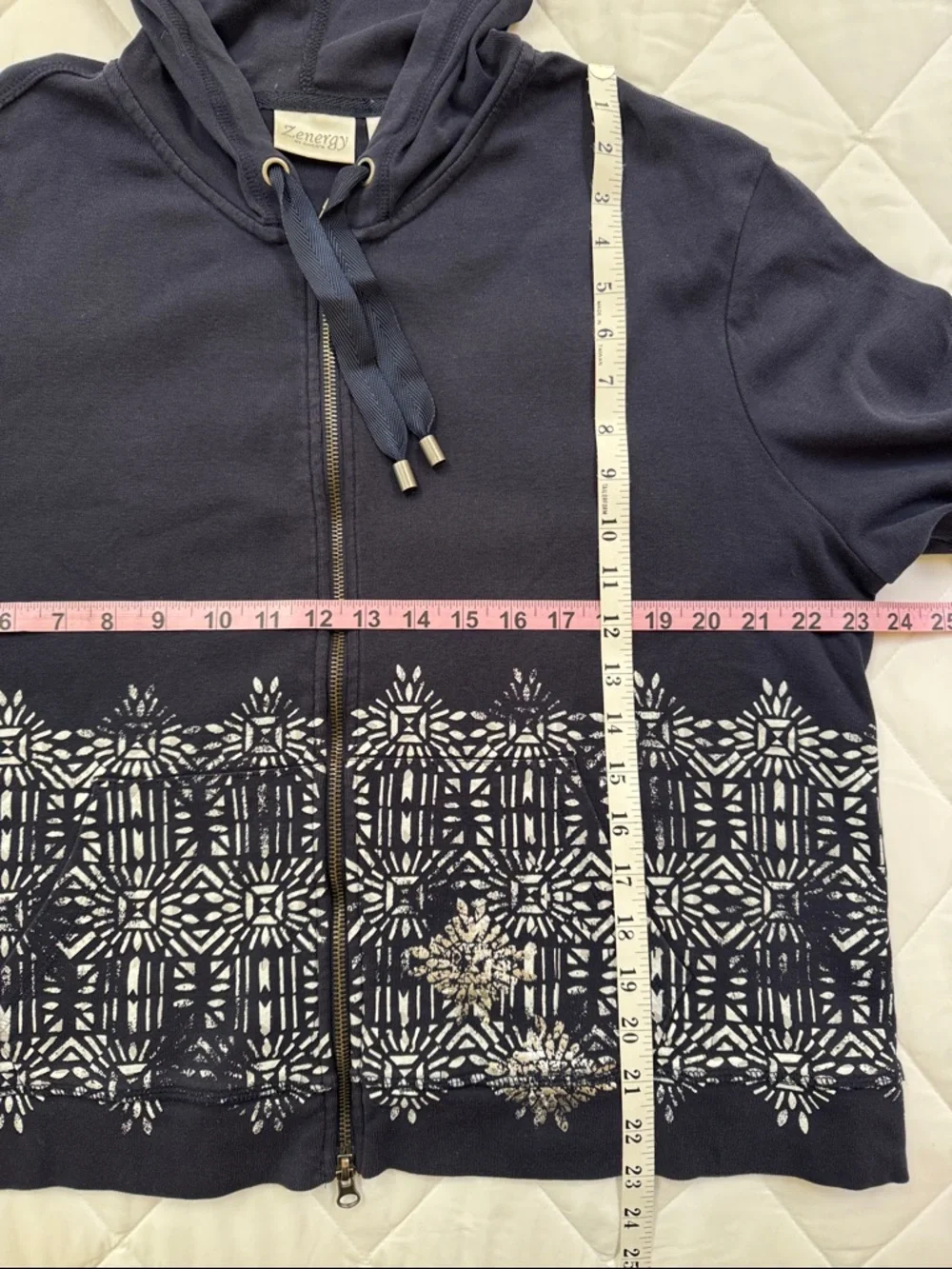 Chico’s Zenergy Navy Zip-Front Hoodie with White Pattern - Picture 7 of 11